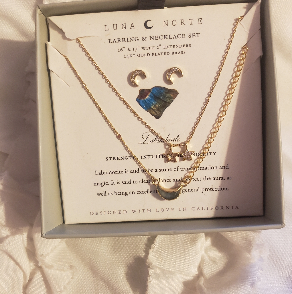 Luna Norte Double Layer Gold Plated Necklace Set Laboradite Moon 25$